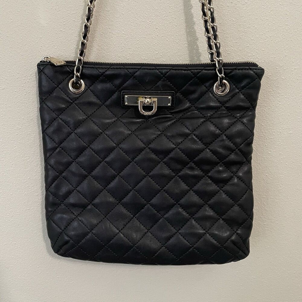 DKNY Y2K Quilted Leather Purse with Convertible Gold Chain Straps Crossbody Bag